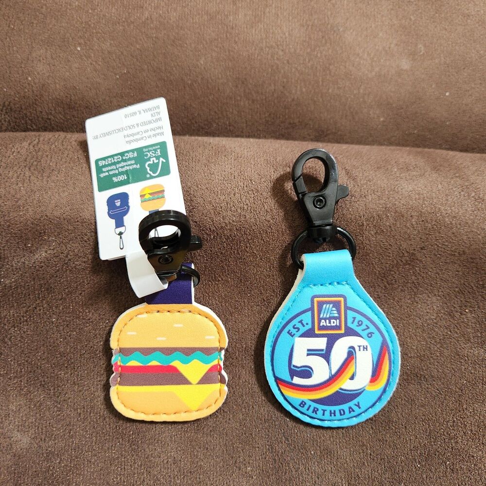 2 New Aldi Keychain Quarter Holder Keeper Clip 50th Blue  & Cheeseburger